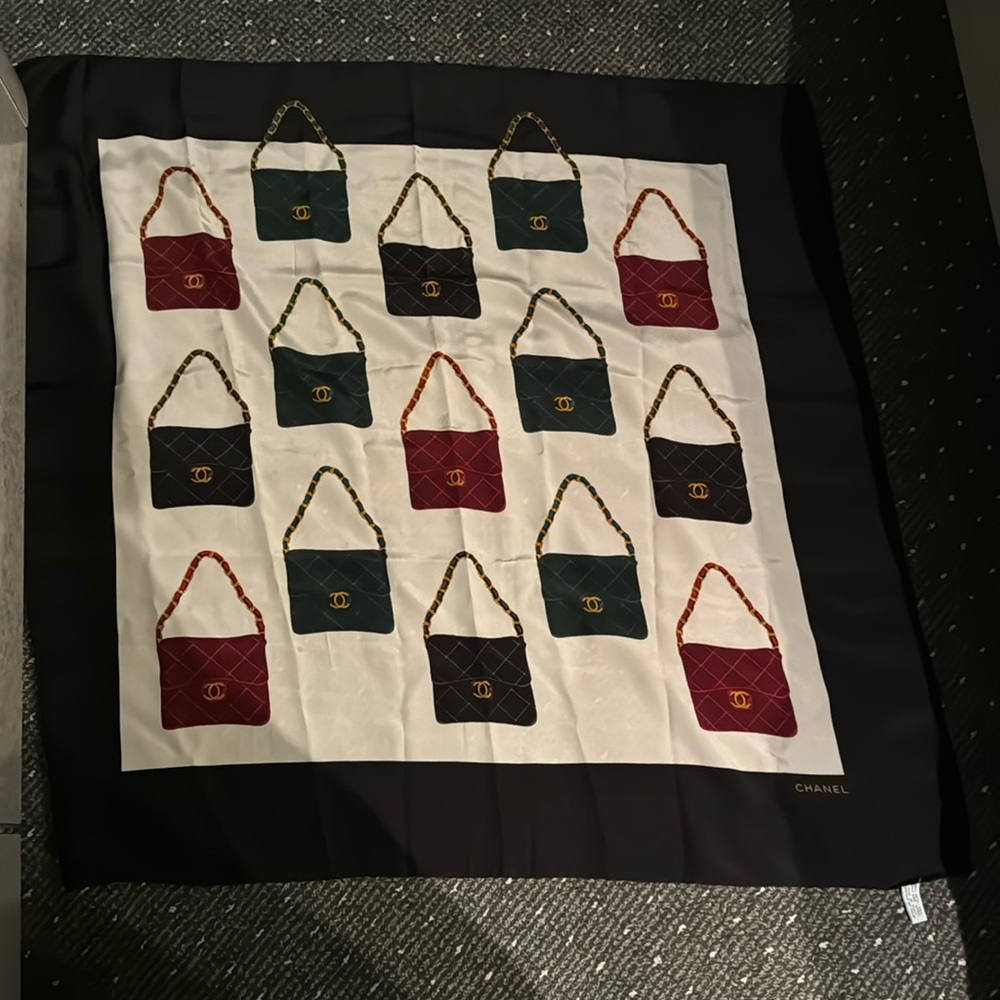 CHANEL Black and Red Handbag Print Scarf